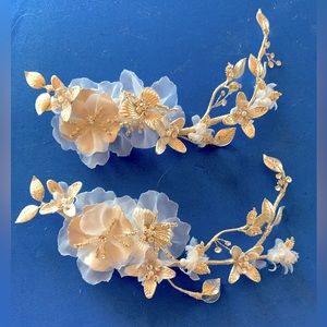 New Wedding Bridal Hair Clips Floral Romantic Set of 2 on Gold Color Flex Wire